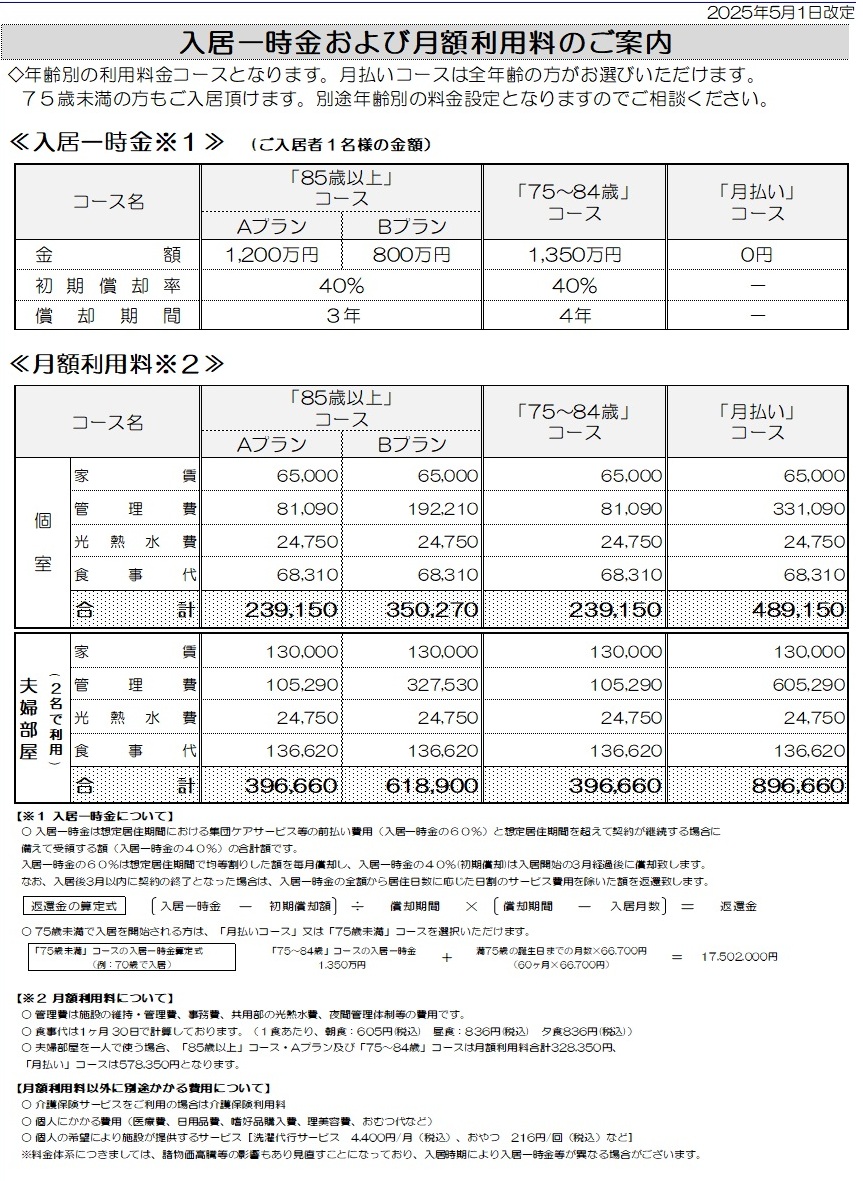 入居一時金および月額利用料のご案内（2025年5月現在）