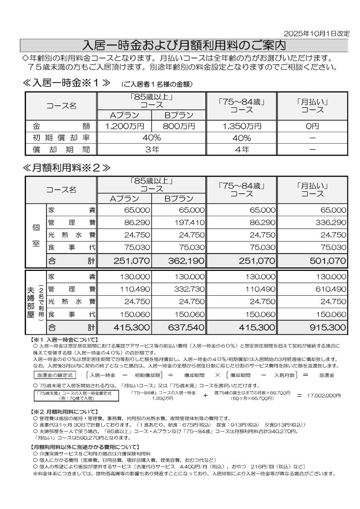 入居一時金および月額利用料のご案内（2025年10月現在）